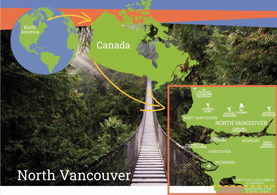 North Vancouver shown on a map with Capilano Suspension Bridge in the background